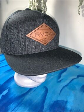 RVCA Black Herringbone Snapback with Brown Leather Diamond Patch
